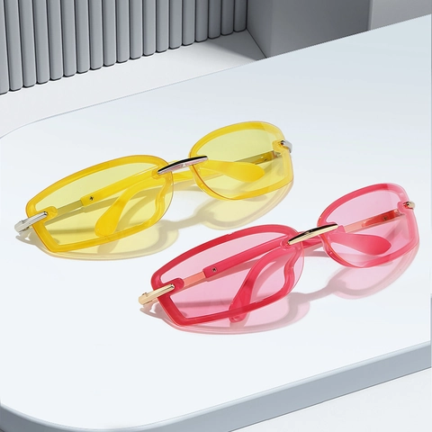 Rimless Rectangle Sunglasses Metal Temples PC Lenses UV400 Candy Color Y2K Vintage Retro Trendy Fashion Unisex