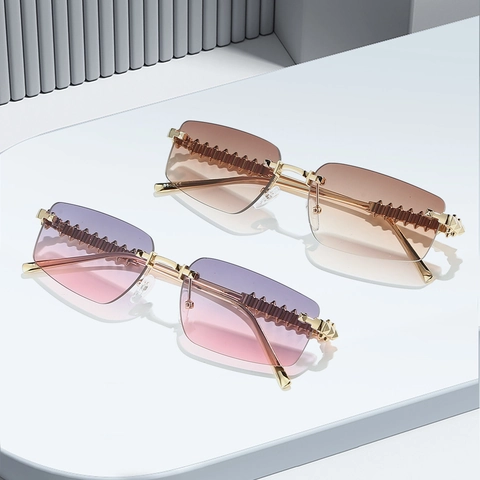 Lunettes De Soleil Rectangulaires Sans Monture Branches À Rivets Protection UV400 Verres Dégradés Mode Pour Hommes Femmes