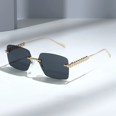 Randlose Sonnenbrille Metallrahmen UV400 Rechteckig Verlaufslinsen Punk Pyramiden Nieten Mode Brillen Herren Damen