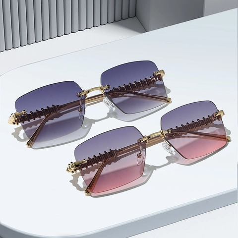 Randlose Sonnenbrille Metallrahmen UV400 Rechteckig Verlaufslinsen Punk Pyramiden Nieten Mode Brillen Herren Damen