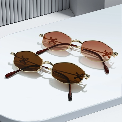 Vintage Hexagonal Metal Frame Sunglasses For Women Men Retro Rhinestone Cross Decor UV400 Protection Fashion Sun Glasses