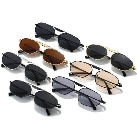 Gafas De Sol De Polígono Irregular Montura De Metal Protección UV400 Retro Doble Puente Para Playa Y Viajes Al Aire Libre