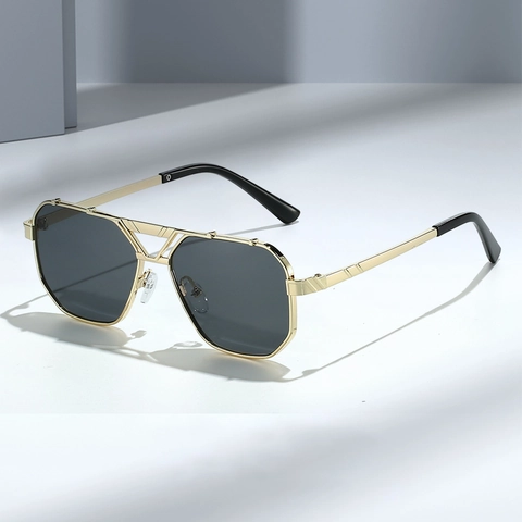 Polygon Metallrahmen Sonnenbrille UV-Schutz Farbverlauf Gläser Doppelbrücke Retro Mode Brillen Damen