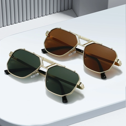 Polygon Metallrahmen Sonnenbrille UV-Schutz Farbverlauf Gläser Doppelbrücke Retro Mode Brillen Damen