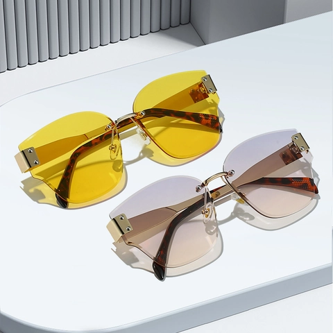 Mode Randloze Cat Eye Zonnebril Dames UV400 Bescherming Metalen Frame Gradiënt PC Lens Retro Bril