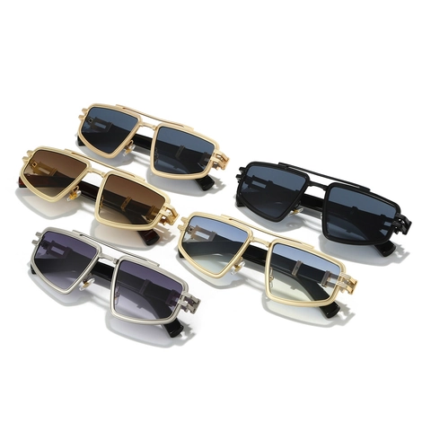 Lunettes De Soleil Retro Punk Monture Cuivre Verre PC UV400 Double Pont Design Creux Géométrique Pour Hommes Femmes Luxe Mode