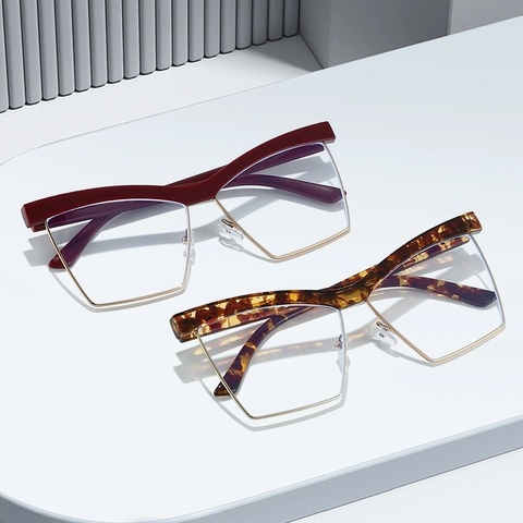 Cat Eye Square Eyeglasses Anti Blue Light PC Metal Half Frame Vintage Retro Oversized Clear Lens Non Prescription Women