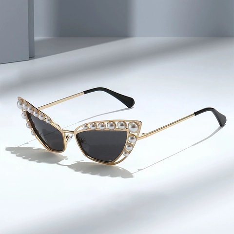 Katzenaugen Sonnenbrille Luxus Künstliche Perle Metallrahmen Vintage Designer UV400 Schutz Brillen Für Frauen Party Reise