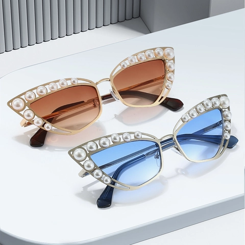 Katzenaugen Sonnenbrille Luxus Künstliche Perle Metallrahmen Vintage Designer UV400 Schutz Brillen Für Frauen Party Reise