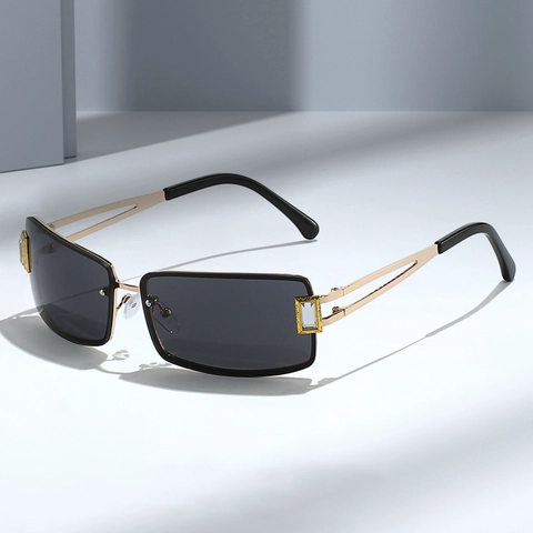 Rechthoekige Randloze Zonnebril Voor Dames Y2K Retro Metalen Frame Gradiënt Lens UV400 Strass Decor Mode