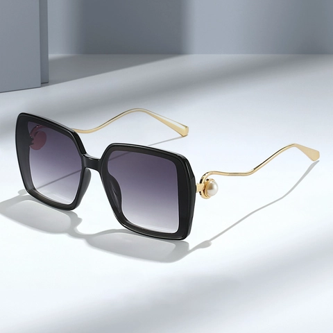 Lunettes De Soleil Carrées Surdimensionnées Femmes Monture PC Métal Décor Künstliche Perle Branches Vagues Rétro Mode UV400