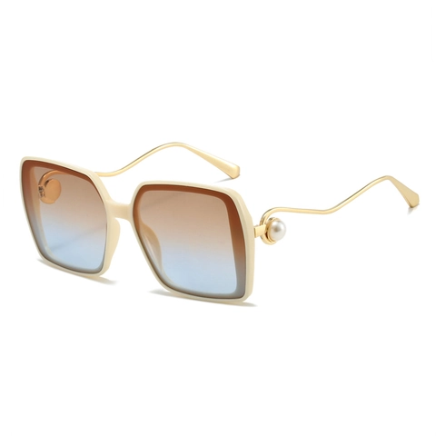 Lunettes De Soleil Carrées Surdimensionnées Femmes Monture PC Métal Décor Künstliche Perle Branches Vagues Rétro Mode UV400