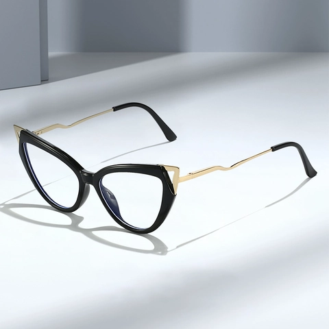 Montatura Occhiali Da Vista Cat Eye Donna TR90 Anti Luce Blu Con Aste In Metallo Ondulate Stile Retro Trendy