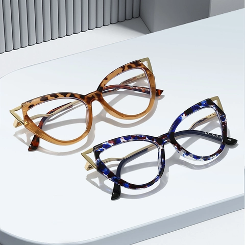 Montatura Occhiali Da Vista Cat Eye Donna TR90 Anti Luce Blu Con Aste In Metallo Ondulate Stile Retro Trendy