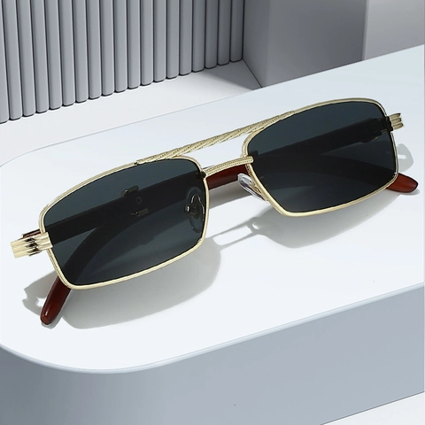 Lunettes De Soleil Rectangulaires Vintage Monture Métal Branches Grain Bois Double Pont Protection UV400 Mode Hommes Femmes