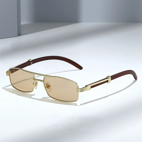 Lunettes De Soleil Rectangulaires Vintage Monture Métal Branches Grain Bois Double Pont Protection UV400 Mode Hommes Femmes