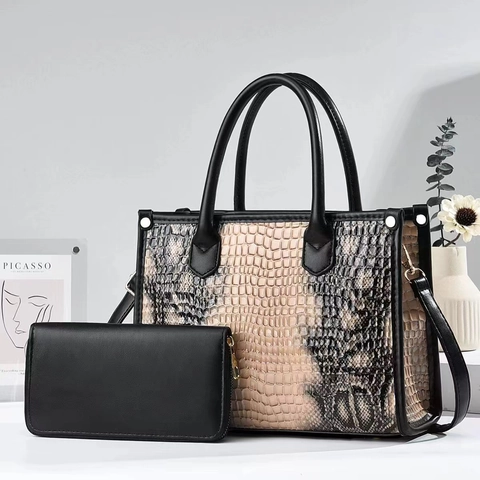 Women Vintage Crocodile Embossed PU Leather Handbag And Matching Wallet Set Large Capacity Shoulder Crossbody Tote Bag