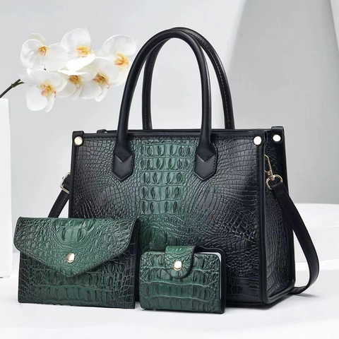 Women PU Leather Handbag Set Crocodile Pattern Tote With Envelope Wallet Card Holder Embossed Shoulder Crossbody Fashion Bag