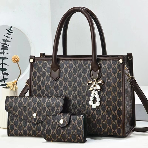 Bolso De Mano Cartera Tarjetero Mujer Cuero PU Estampado Monograma Gran Capacidad Colgante Perla Artificial Elegante
