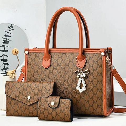 Bolso De Mano Cartera Tarjetero Mujer Cuero PU Estampado Monograma Gran Capacidad Colgante Perla Artificial Elegante