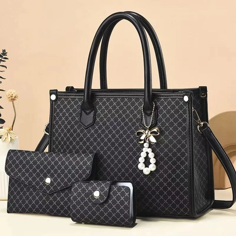 Borsa A Mano Tote In Pelle PU Pochette E Porta Carte Trama Geometrica Ciondolo Fiocco Di Künstliche Perle Alla Moda Versatile
