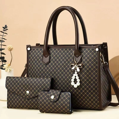 Borsa A Mano Tote In Pelle PU Pochette E Porta Carte Trama Geometrica Ciondolo Fiocco Di Künstliche Perle Alla Moda Versatile