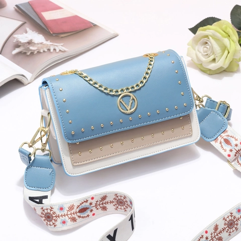 Borsa A Tracolla Da Donna In Pelle PU Macaron Patchwork Piccola Borsa A Spalla Quadrata Con Borchie Dorate E Catena In Metallo