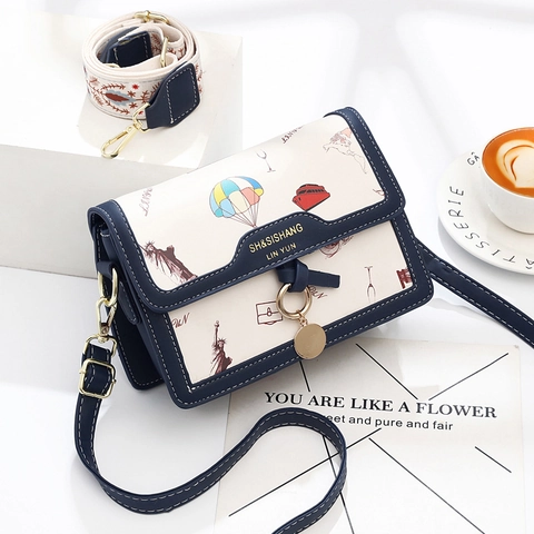 Fashion Women Travel Theme Print PU Leather Square Shoulder Bag With Dual Straps Stylish Crossbody Handbag For Daily Shopping