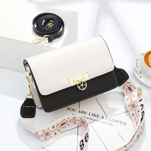 Women Crossbody Bag PU Leather Contrast Color Flower Buckle Versatile Straps Fashion Small Square Shoulder Bag