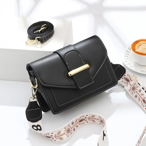 Bolso Bandolera De Cuero PU Para Mujer Color De Contraste Bolso Cuadrado Con Correa Ancha Bordada Moda