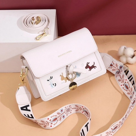 Women PU Leather Dog Embroidery Crossbody Bag Contrast Color Small Square Shoulder Bag With Ethnic Wide Strap Satchel