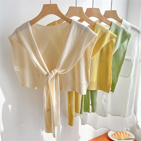 Knitted Shawl Fake Collar For Women Solid Color Polyester Thin Tie Up Cape Elegant Minimalist Chic Apparel Accessory
