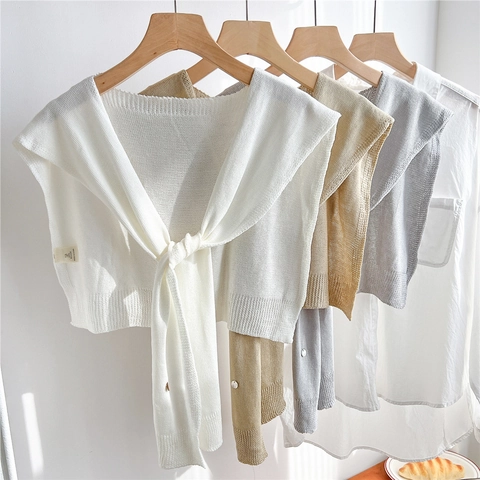 Knitted Shawl Fake Collar For Women Solid Color Polyester Thin Tie Up Cape Elegant Minimalist Chic Apparel Accessory