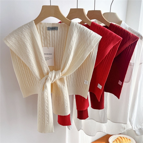 Scialle In Maglia Da Donna Finto Colletto Trecce Misto Viscosa Tinta Unita Elegante Versatile Accessorio Decorativo