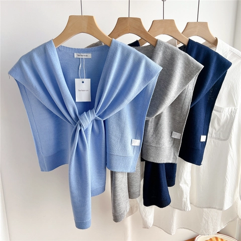 Knitted Shawl Decorative Fake Collar Satin Merino Wool Blend Solid Color Tie Front Lightweight Shoulder Wrap For Women