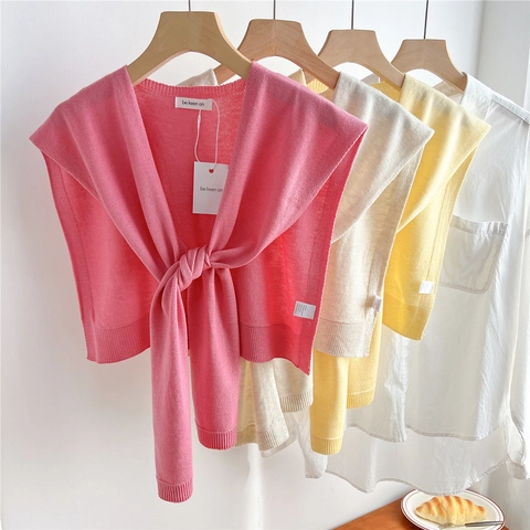 Knitted Shawl Decorative Fake Collar Satin Merino Wool Blend Solid Color Tie Front Lightweight Shoulder Wrap For Women