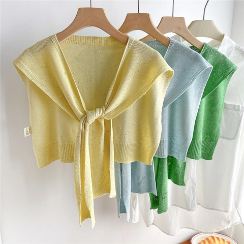 Women's Sequin Knitted Shawl Tie Front Shoulder Wrap Decorative Acrylic Lyocell Flax Thin Fake Collar Scarf