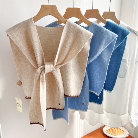 Scialle In Pura Lana A Maglia Finto Colletto Con Cuciture A Contrasto Accessorio Chic Versatile Per Donne