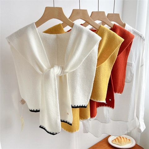 Scialle In Pura Lana A Maglia Finto Colletto Con Cuciture A Contrasto Accessorio Chic Versatile Per Donne
