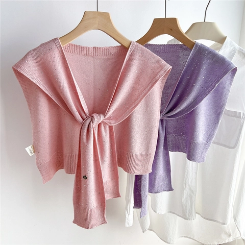 Women's Sequin Knitted Shawl Tie Front Shoulder Wrap Decorative Acrylic Lyocell Flax Thin Fake Collar Scarf