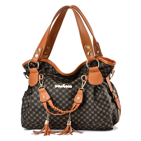 Borsa A Mano Tote Grande Capacità Da Donna Pelle PU Stampa Monogramma Borsa A Tracolla Con Nappina Manico Intrecciato Cerniera