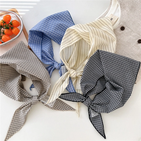 Bandana Triangle En Coton À Rayures À Carreaux Pour Femmes Écharpe Décorative Douce Accessoire Cheveux Printemps Été