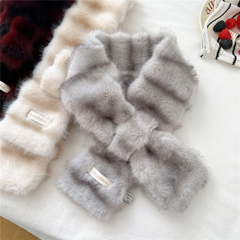 Faux Fur Scarf Women Winter Thickened Warm Pull Through Cross Slot Neck Warmer Plush Textured Stripe Soft Korean Style