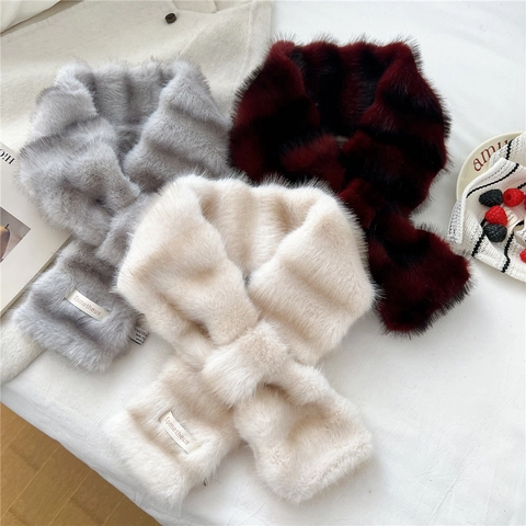 Faux Fur Scarf Women Winter Thickened Warm Pull Through Cross Slot Neck Warmer Plush Textured Stripe Soft Korean Style