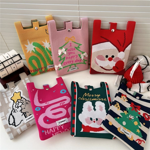 Mini Borsa A Tracolla In Maglia Per Cellulare Disegno Cartone Animato Regalo Natale Capodanno Piccola Pochette