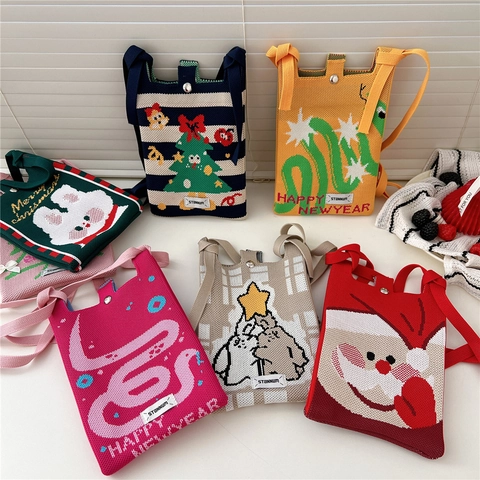 Mini Borsa A Tracolla In Maglia Per Cellulare Disegno Cartone Animato Regalo Natale Capodanno Piccola Pochette