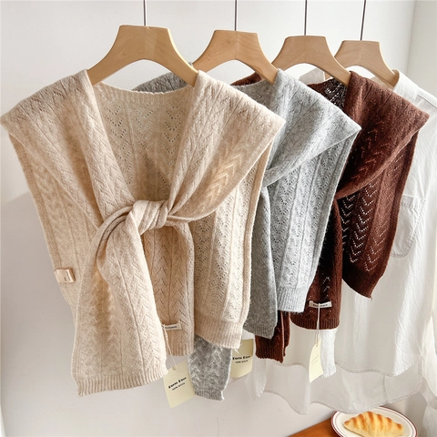 Women 100 Percent Wool Knitted Shawl Hollow Out Pointelle Shoulder Wrap V-Neck Tie Front Decorative Fake Collar Elegant Scarf