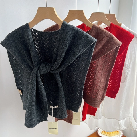 Women 100 Percent Wool Knitted Shawl Hollow Out Pointelle Shoulder Wrap V-Neck Tie Front Decorative Fake Collar Elegant Scarf