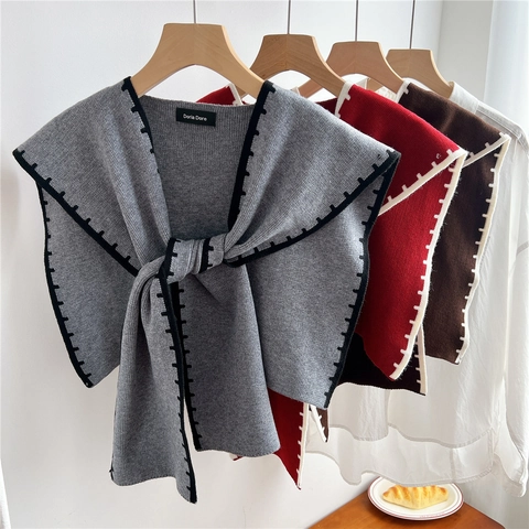 Knitted Shawl Fake Collar Women Contrast Stitching Tie Front Decorative Shoulder Wrap Chic Versatile Accessory