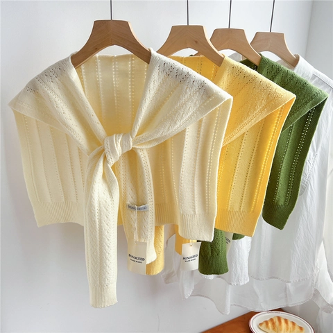 Knitted Shawl Women Hollow Out Crochet Decorative Fake Collar Tie Front Shoulder Wrap Chic Versatile Accessory